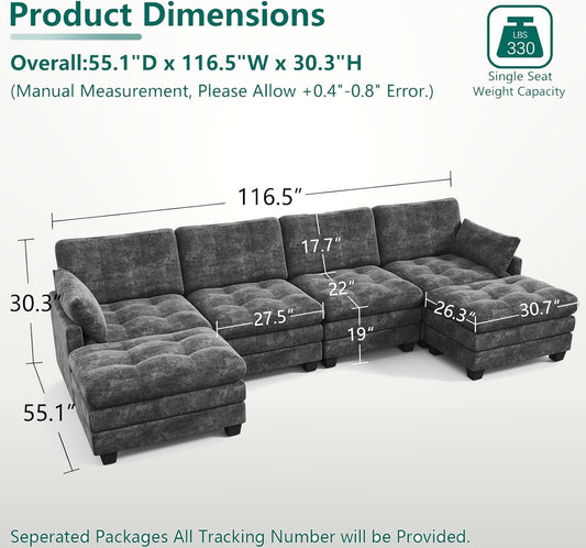 284 cm U-Shaped Modular Sectional Sofa 6 Seater with Ottoman