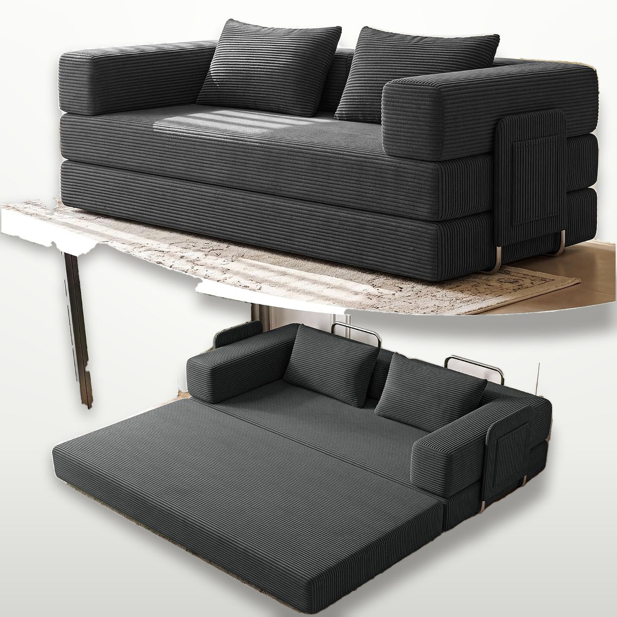 198 cm 5-in-1 Convertible Futon Sofa Bed with Storage Pocket