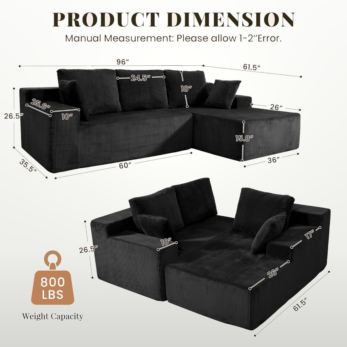244 cm Modular L-Shaped Cloud Sectional Sofa with Right Facing Chaise