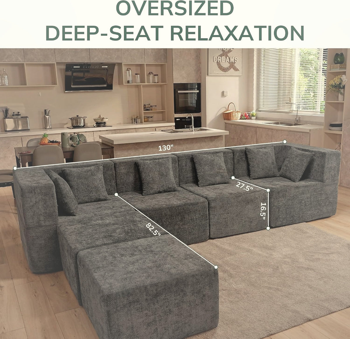 130 cm U-Shaped Modular Sectional Sofa 6 Seater Chenille with Ottoman