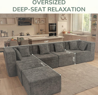 130 cm U-Shaped Modular Sectional Sofa 6 Seater Chenille with Ottoman