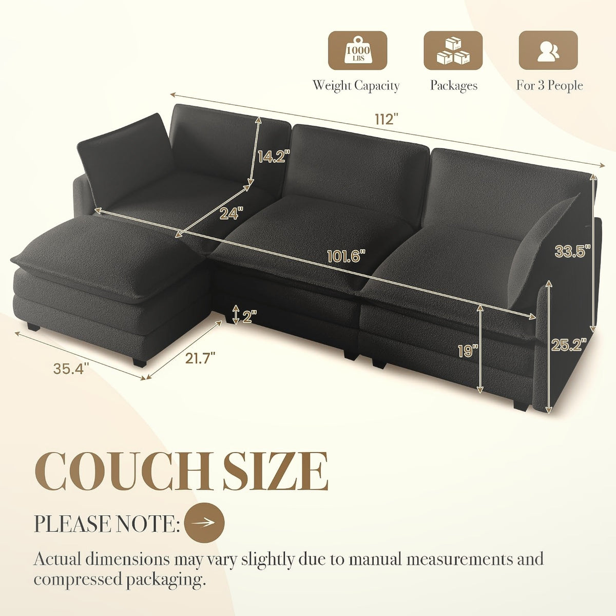 112 cm Modular Sectional Cloud Couch with Movable Ottoman 4 Seater Chenille
