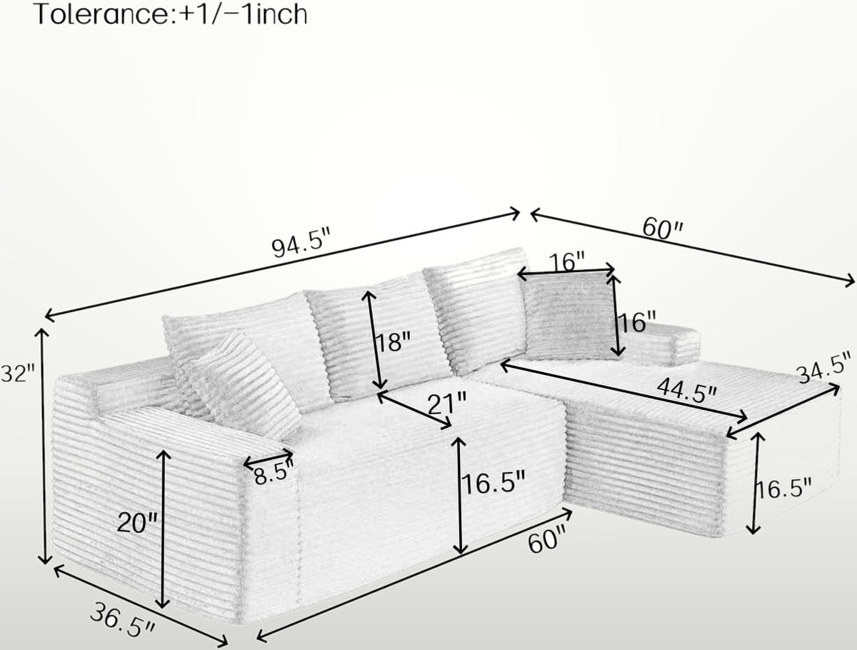 241 cm L-Shaped Cloud Sectional Sofa 3 Seater Corduroy with Chaise