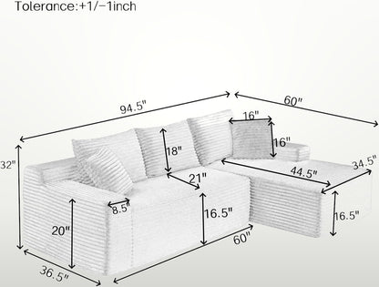 241 cm L-Shaped Cloud Sectional Sofa 3 Seater Corduroy with Chaise