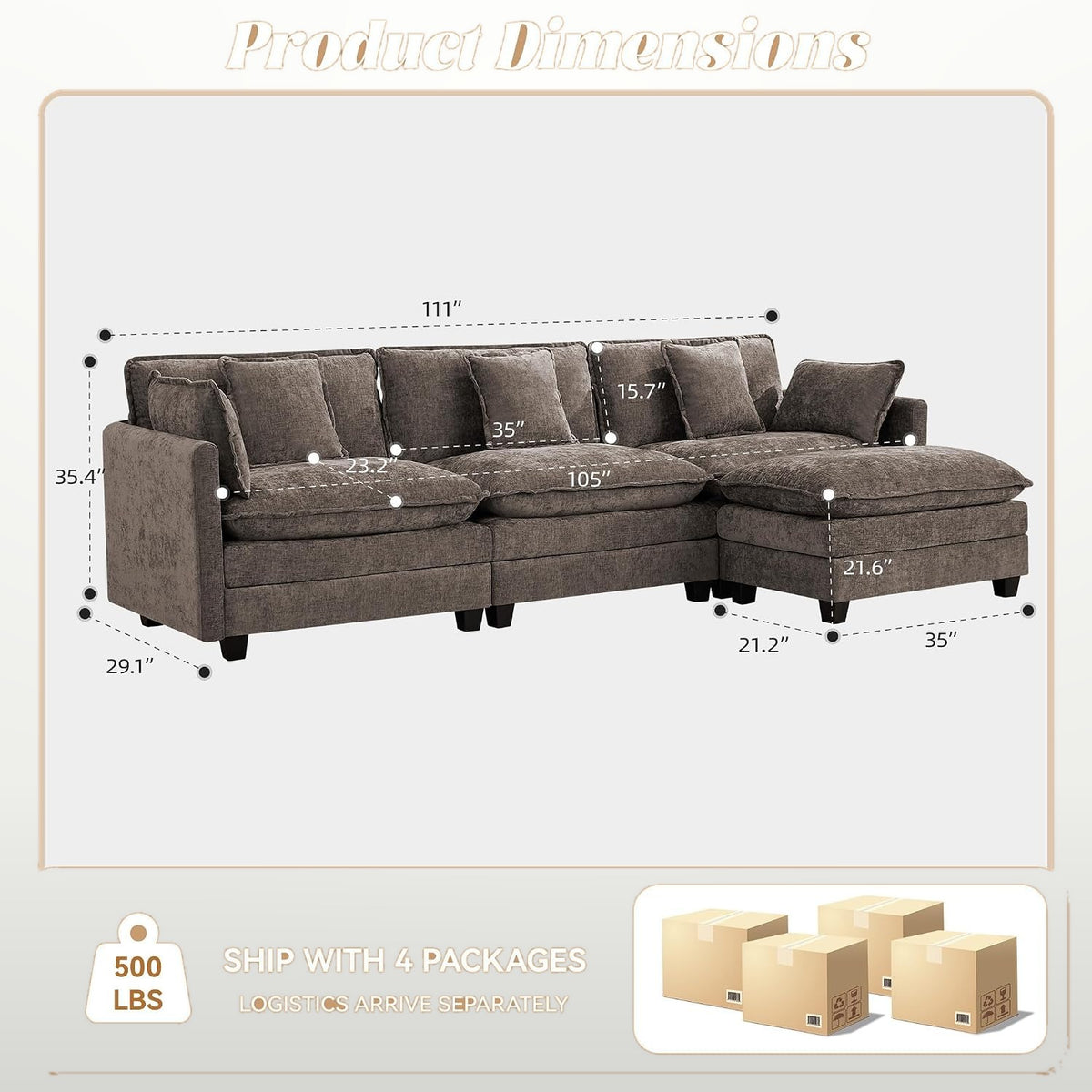 111 in L-Shaped Modular Sectional Cloud Sofa 3 Seater Chenille