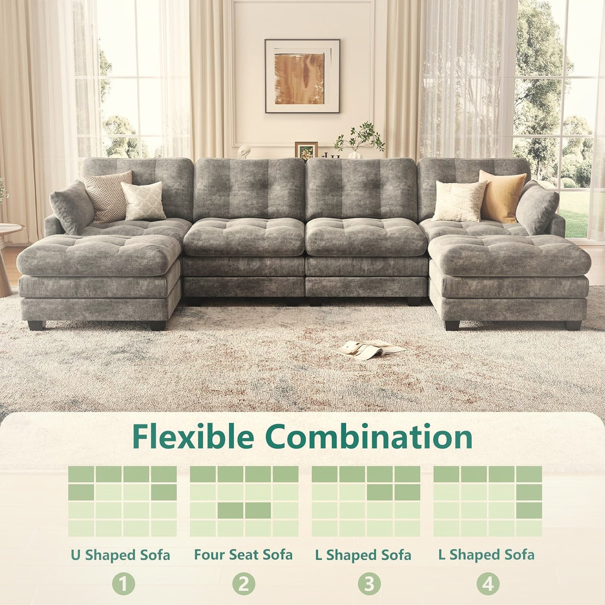284 cm U-Shaped Modular Sectional Sofa 6 Seater with Ottoman