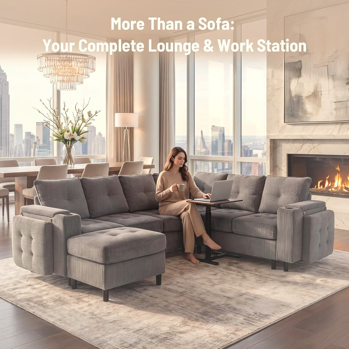 274 cm L-Shape Sectional Sleeper Sofa with Pull Out Bed and Lift Side Table