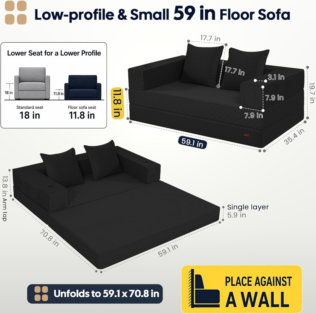 Convertible Futon Sofa Bed 150 cm Low-Profile Floor Couch