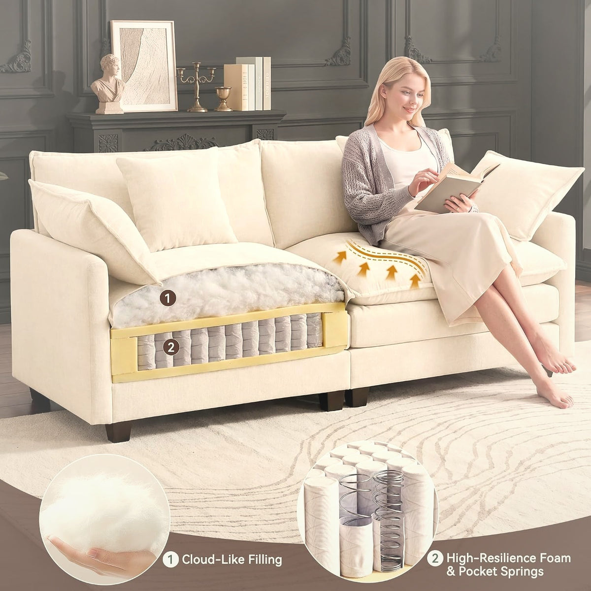 196 cm Cloud Loveseat Sofa 2-Seater Chenille Beige