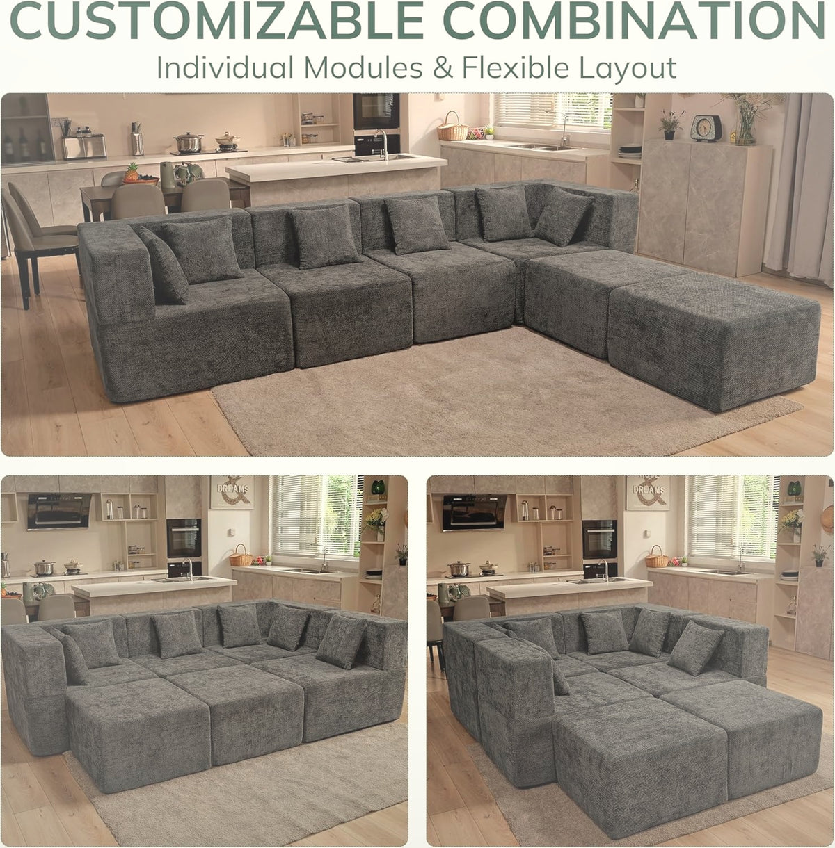 130 cm U-Shaped Modular Sectional Sofa 6 Seater Chenille with Ottoman