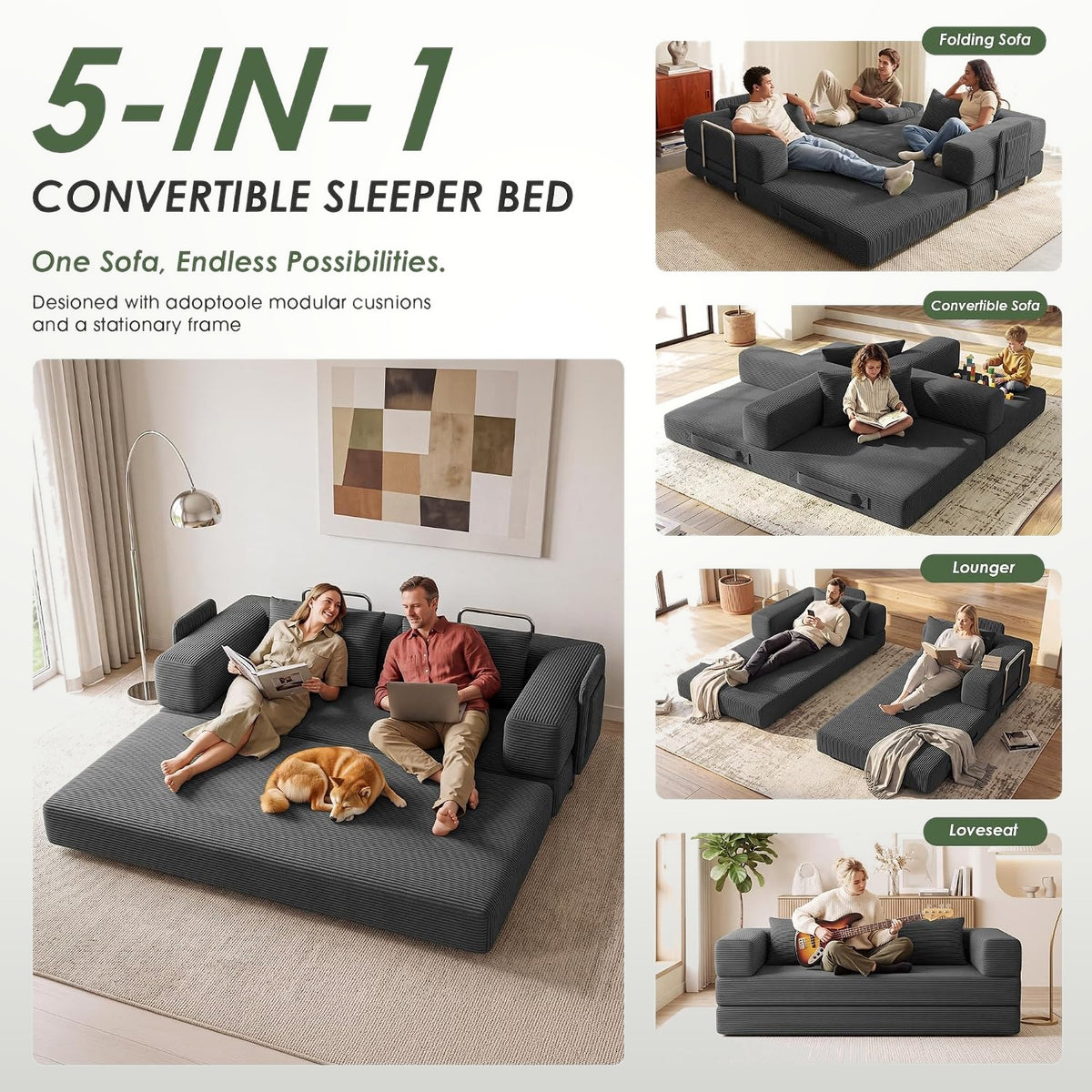 198 cm 5-in-1 Convertible Futon Sofa Bed with Storage Pocket