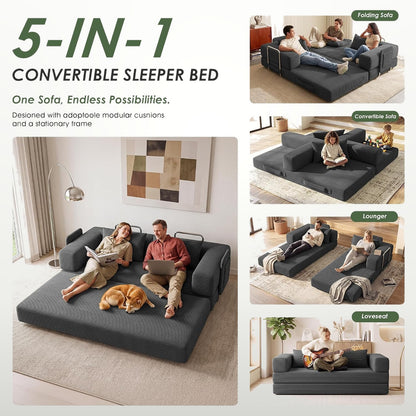 198 cm 5-in-1 Convertible Futon Sofa Bed with Storage Pocket