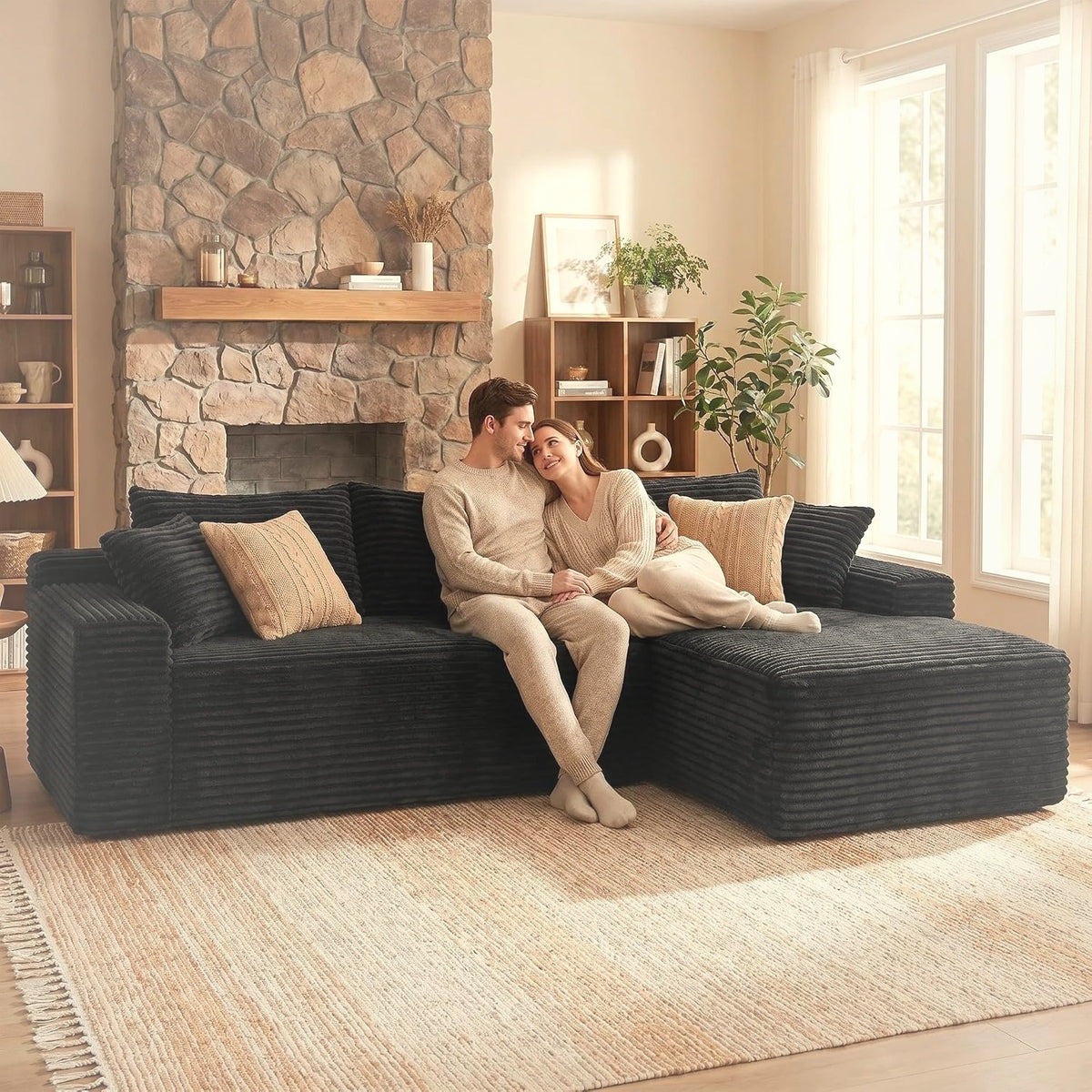 241 cm L-Shaped Cloud Sectional Sofa 3 Seater Corduroy with Chaise