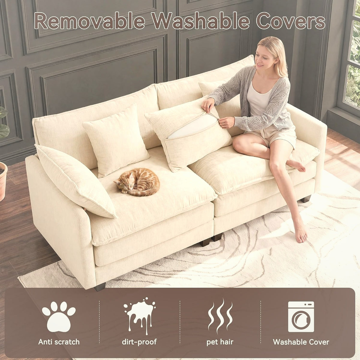 196 cm Cloud Loveseat Sofa 2-Seater Chenille Beige