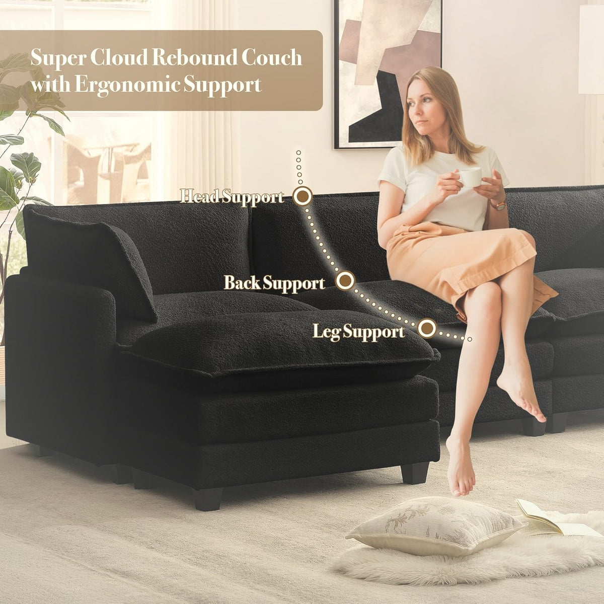 112 cm Modular Sectional Cloud Couch with Movable Ottoman 4 Seater Chenille
