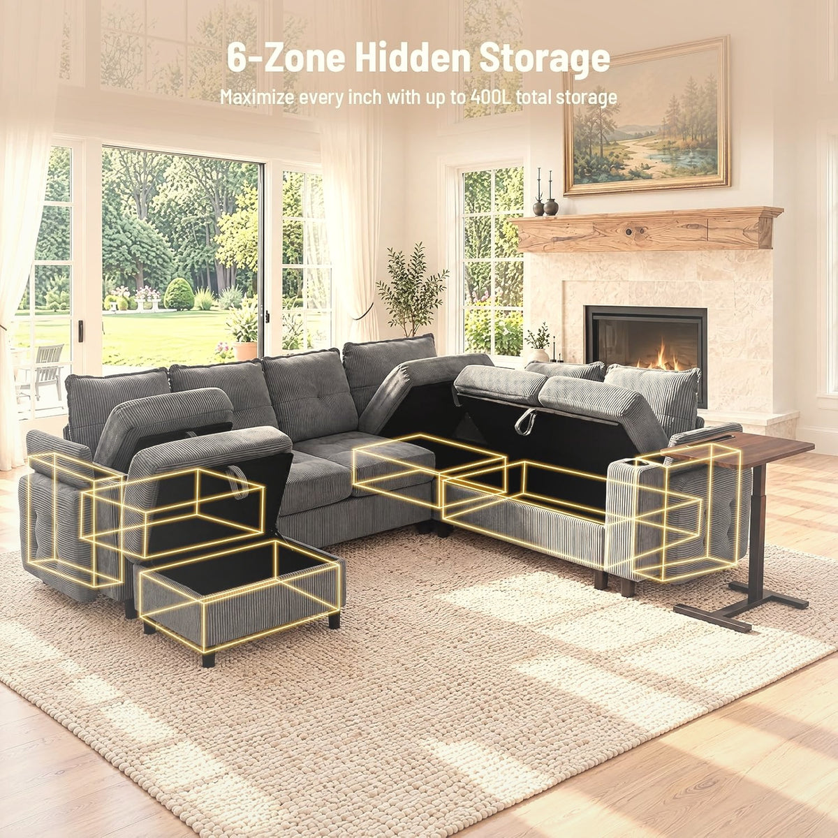 274 cm L-Shape Sectional Sleeper Sofa with Pull Out Bed and Lift Side Table