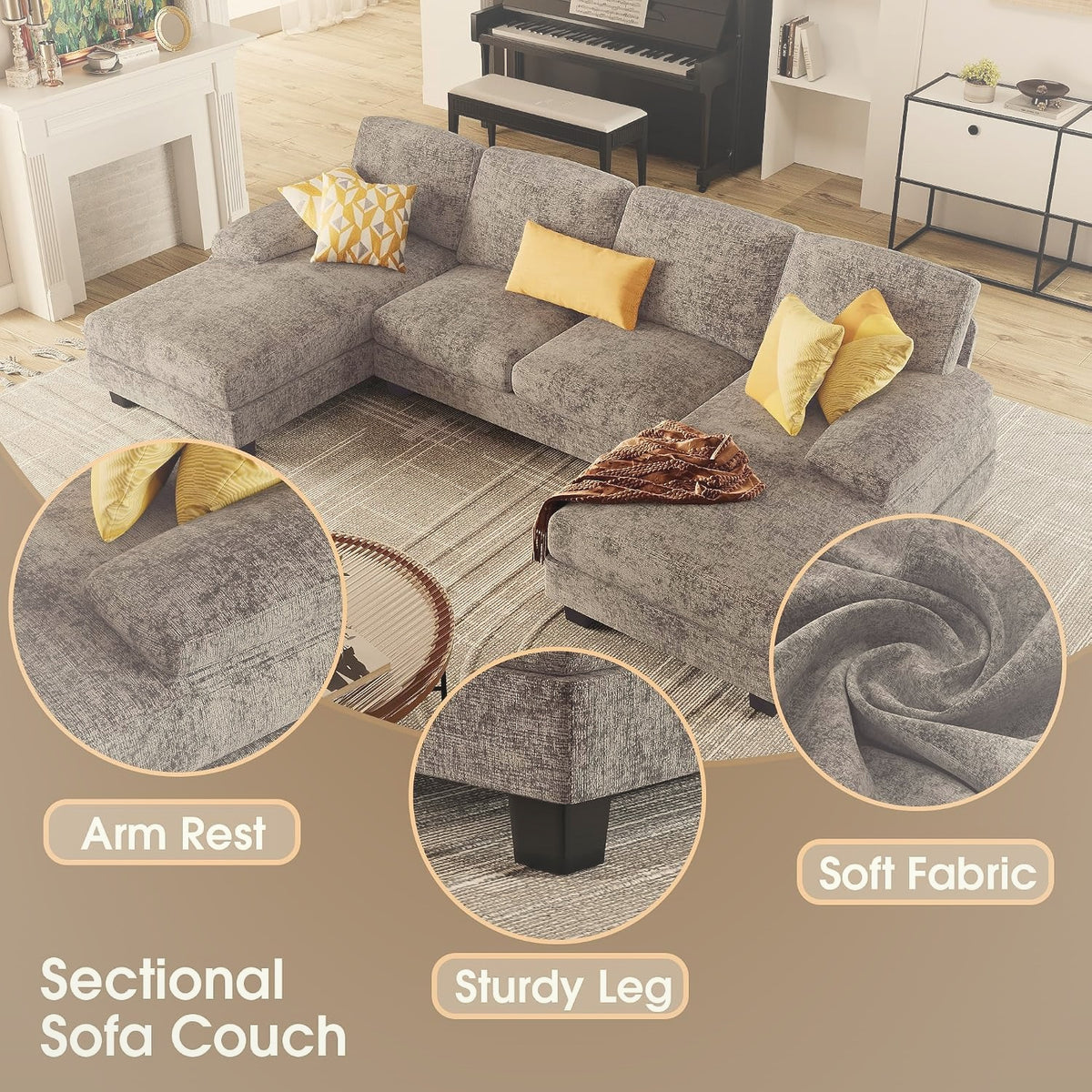 U-Shaped Sectional Sofa 4 Seater Chenille with Double Chaise