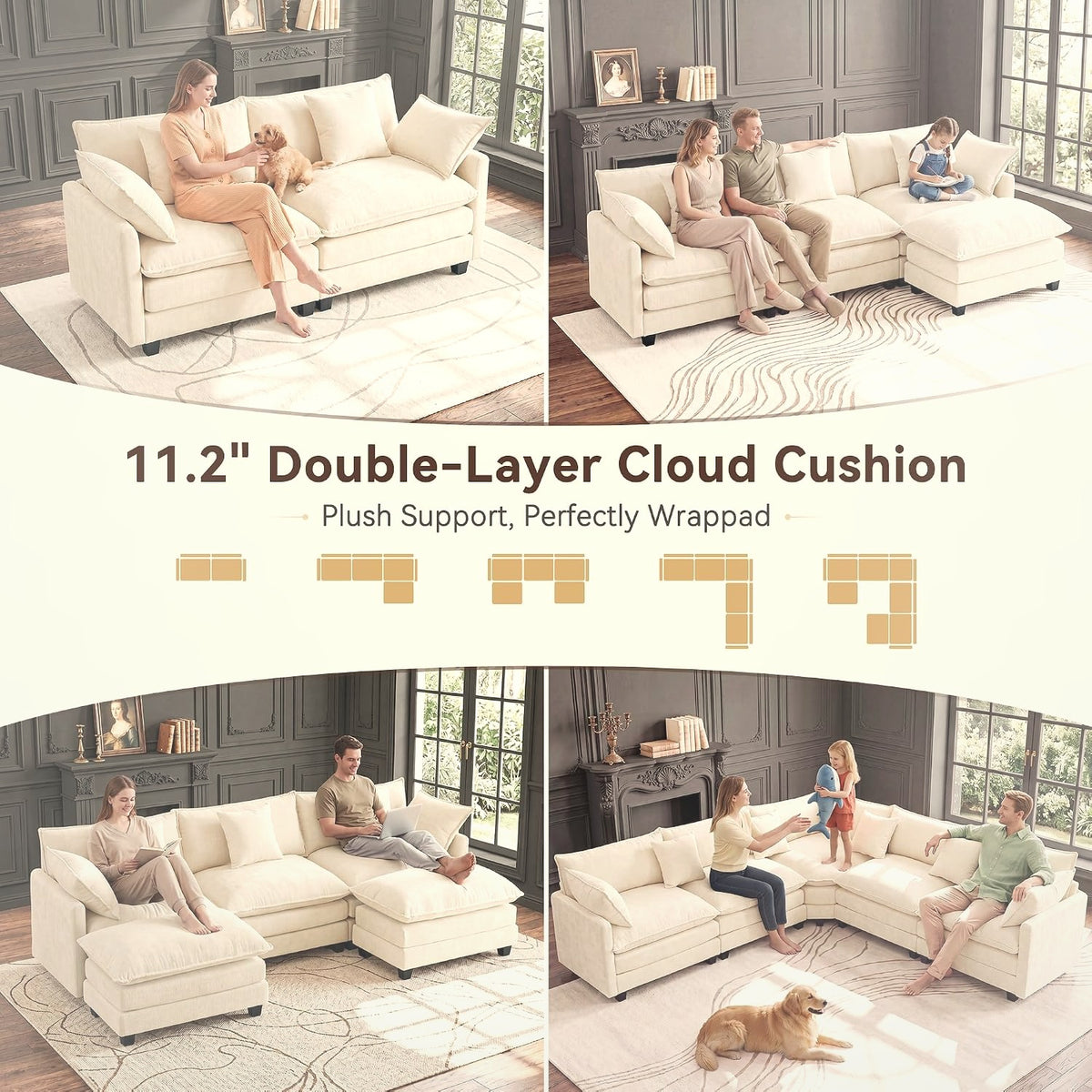 196 cm Cloud Loveseat Sofa 2-Seater Chenille Beige