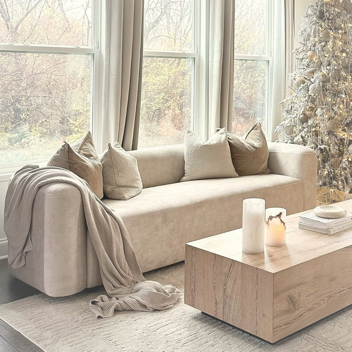94 cm Modern Tight Curved Back Velvet Sofa 3 Seater Cream