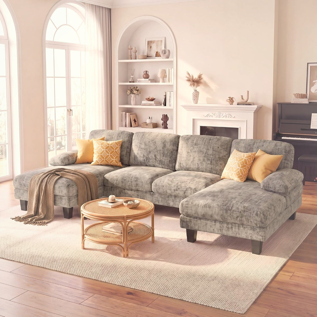 U-Shaped Sectional Sofa 4 Seater Chenille with Double Chaise