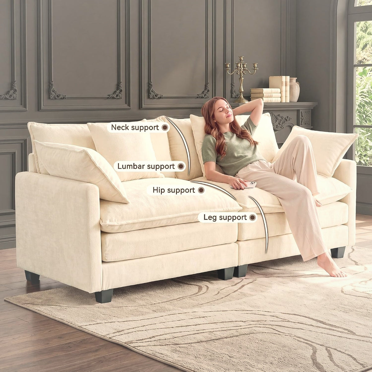196 cm Cloud Loveseat Sofa 2-Seater Chenille Beige