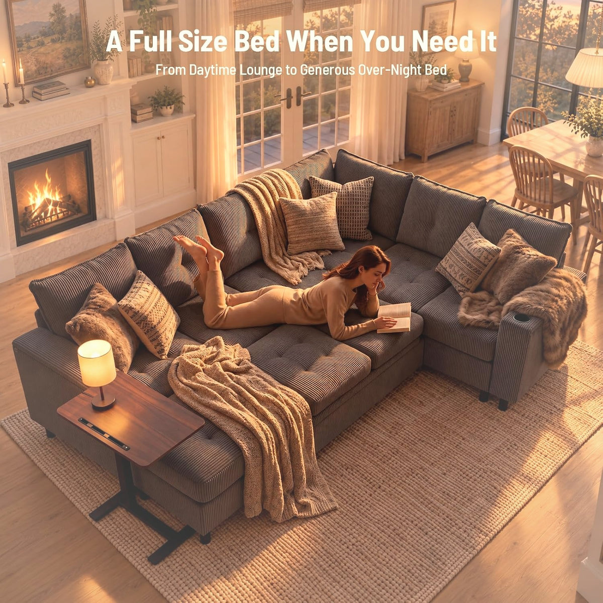 274 cm L-Shape Sectional Sleeper Sofa with Pull Out Bed and Lift Side Table