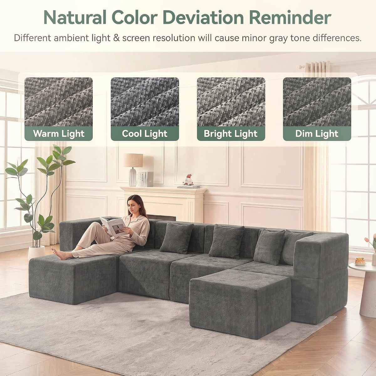 130 cm U-Shaped Modular Sectional Sofa 6 Seater Chenille with Ottoman