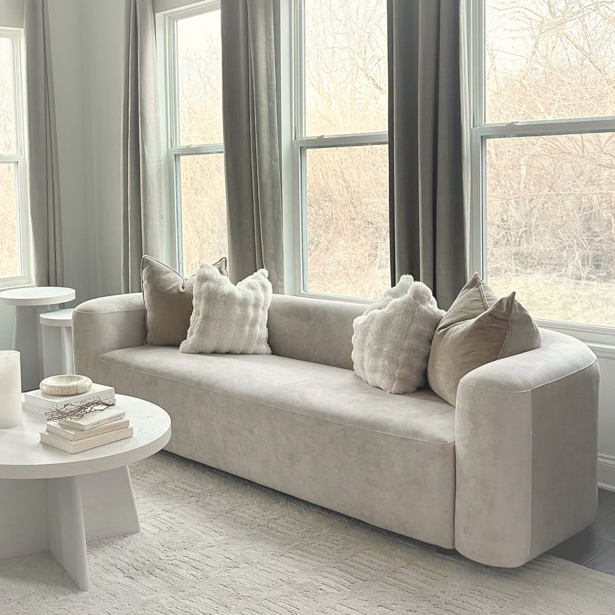 94 cm Modern Tight Curved Back Velvet Sofa 3 Seater Cream
