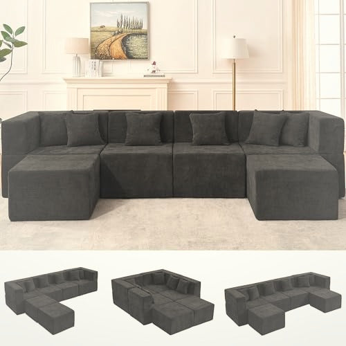 130 cm U-Shaped Modular Sectional Sofa 6 Seater Chenille with Ottoman