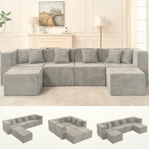 130 cm U-Shaped Modular Sectional Sofa 6 Seater Chenille with Ottoman