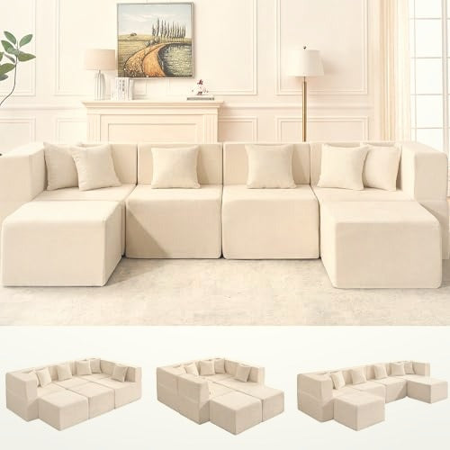 130 cm U-Shaped Modular Sectional Sofa 6 Seater Chenille with Ottoman