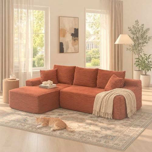 241 cm L-Shaped Cloud Sectional Sofa 3 Seater Corduroy with Chaise