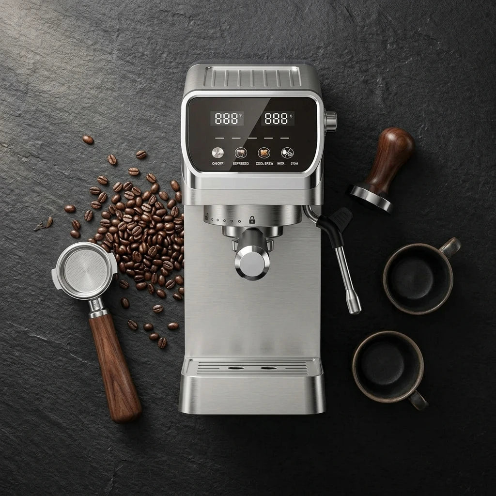 20-Bar Espresso Machine — Barista Essentials Flat Lay | Generated by Modelize